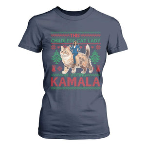 Christmas Childless Cat Lady For Kamala T Shirt For Women Funny Santa Cat Voting Harris 2024 TS09 Navy Print Your Wear