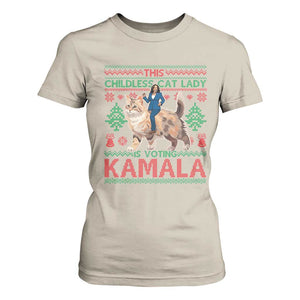 Christmas Childless Cat Lady For Kamala T Shirt For Women Funny Santa Cat Voting Harris 2024 TS09 Sand Print Your Wear