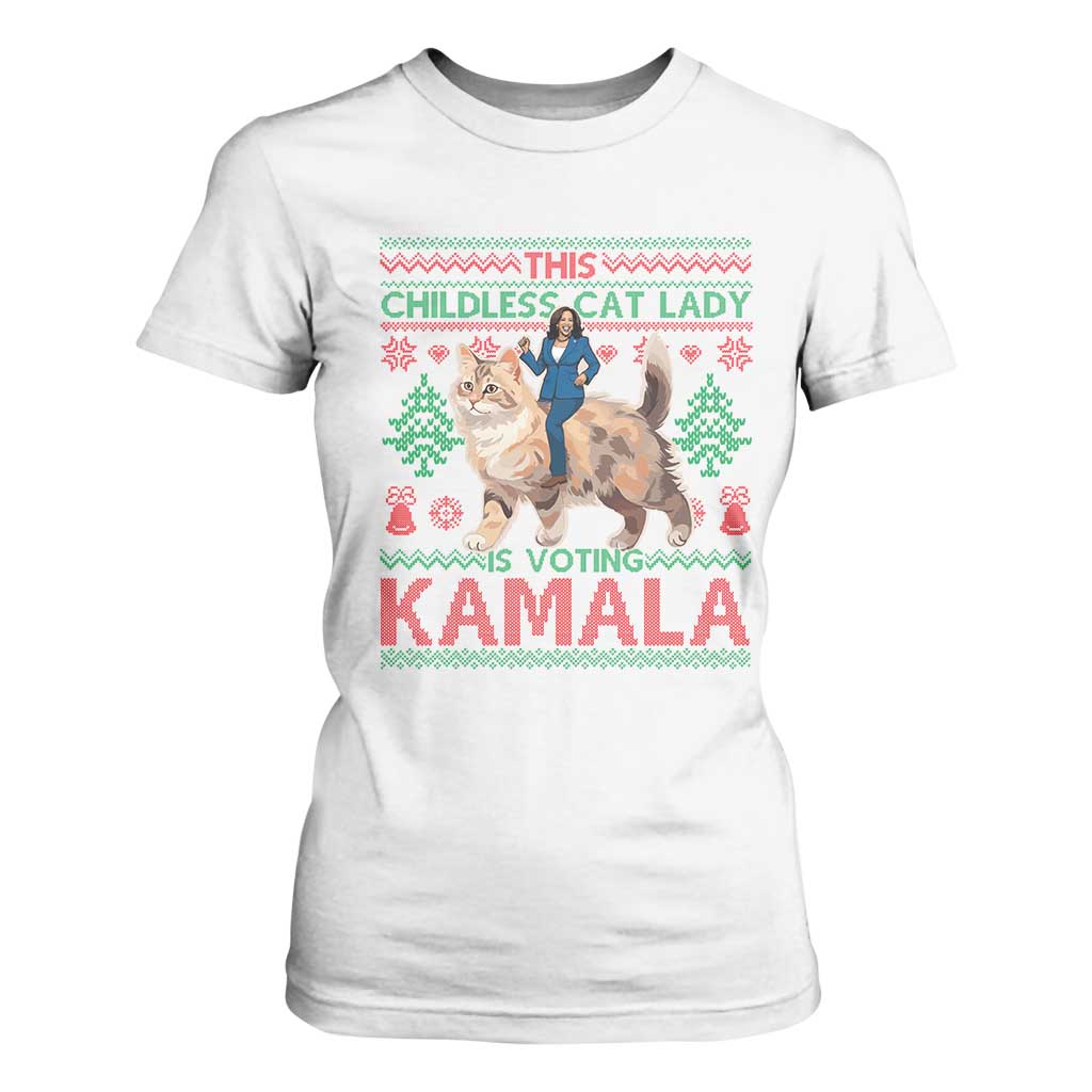 Christmas Childless Cat Lady For Kamala T Shirt For Women Funny Santa Cat Voting Harris 2024 TS09 White Print Your Wear