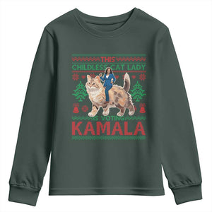 Christmas Childless Cat Lady For Kamala Youth Sweatshirt Funny Santa Cat Voting Harris 2024 TS09 Dark Forest Green Print Your Wear