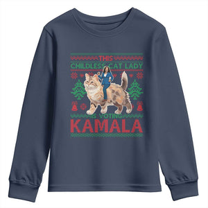 Christmas Childless Cat Lady For Kamala Youth Sweatshirt Funny Santa Cat Voting Harris 2024 TS09 Navy Print Your Wear