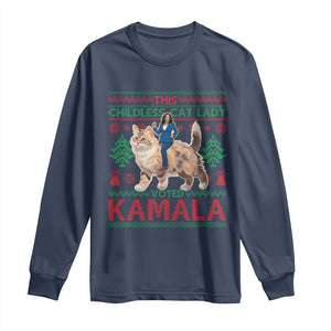 Christmas Childless Cat Lady For Kamala Long Sleeve Shirt Funny Santa Cat Voted Harris 2024 TS09 Navy Print Your Wear