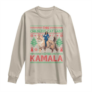 Christmas Childless Cat Lady For Kamala Long Sleeve Shirt Funny Santa Cat Voted Harris 2024 TS09 Sand Print Your Wear