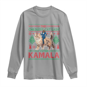 Christmas Childless Cat Lady For Kamala Long Sleeve Shirt Funny Santa Cat Voted Harris 2024 TS09 Sport Gray Print Your Wear