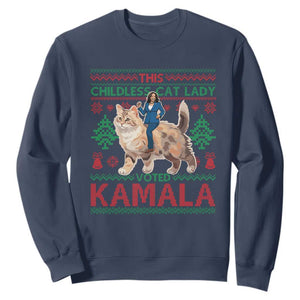 Christmas Childless Cat Lady For Kamala Sweatshirt Funny Santa Cat Voted Harris 2024 TS09 Navy Print Your Wear