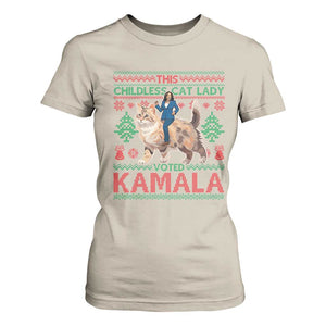 Christmas Childless Cat Lady For Kamala T Shirt For Women Funny Santa Cat Voted Harris 2024 TS09 Sand Print Your Wear