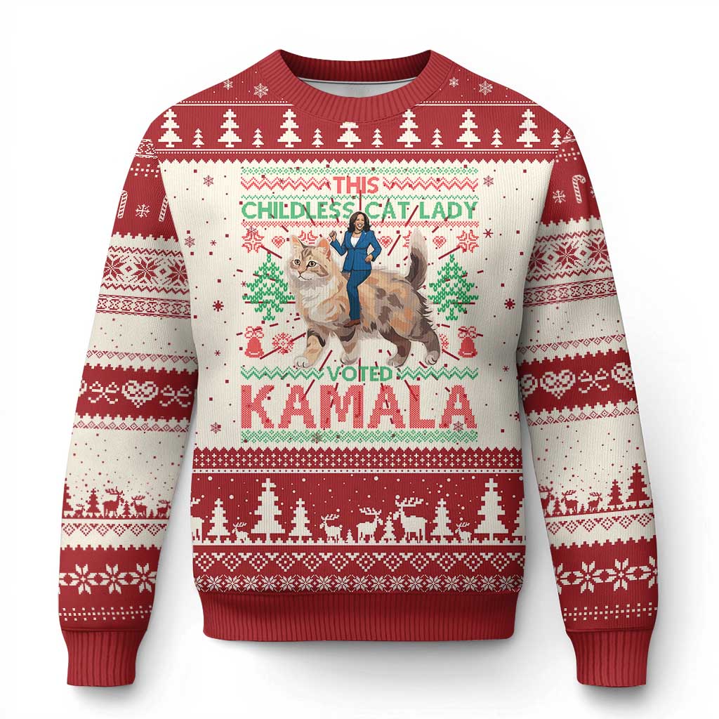 Xmas Childless Cat Lady For Kamala Ugly Christmas Sweater Funny Santa Cat Voted Harris 2024 TS09 Red Print Your Wear