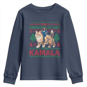 Christmas Childless Cat Lady For Kamala Youth Sweatshirt Funny Santa Cat Voted Harris 2024 TS09 Navy Print Your Wear