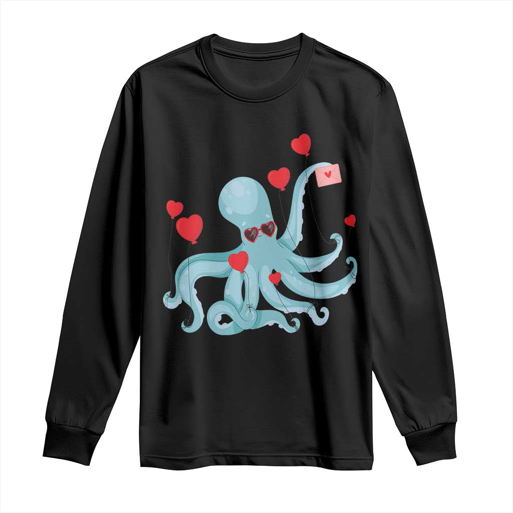 Valentine's Day Long Sleeve Shirt Octopus With Heart Balloons Cute Love Letter TS09 Black Print Your Wear