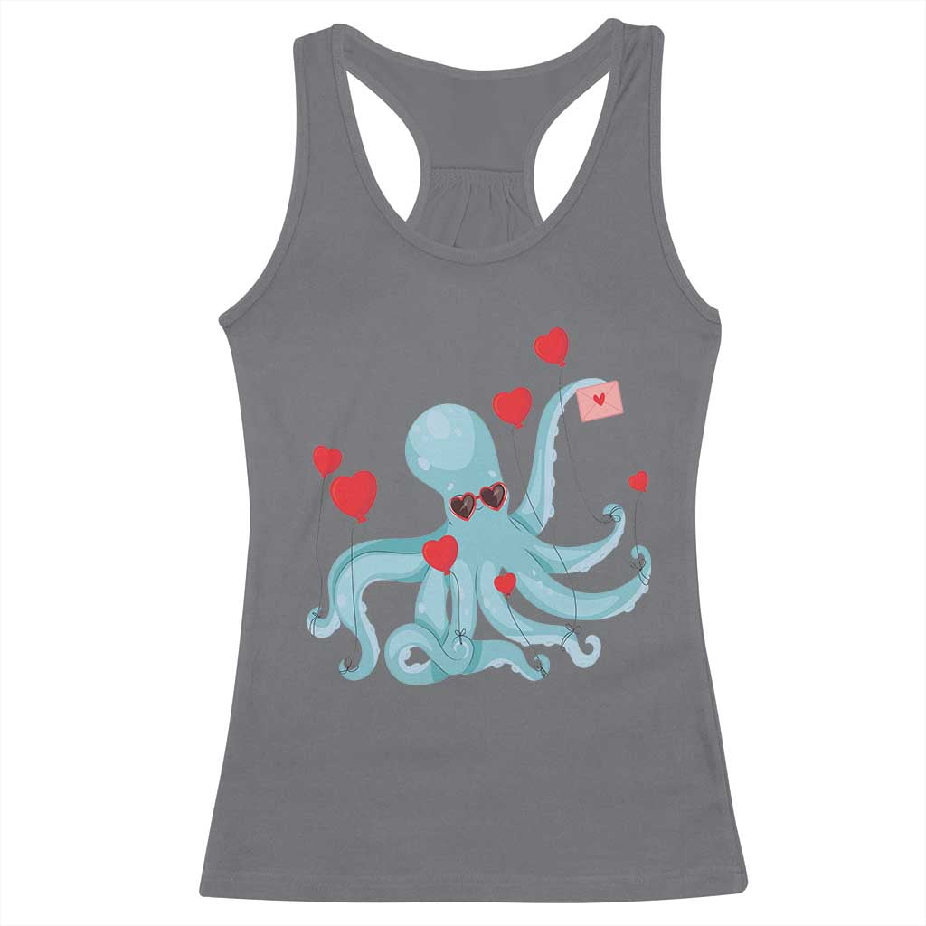Valentine's Day Racerback Tank Top Octopus With Heart Balloons Cute Love Letter TS09 Charcoal Print Your Wear