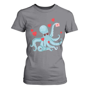 Valentine's Day T Shirt For Women Octopus With Heart Balloons Cute Love Letter TS09 Charcoal Print Your Wear