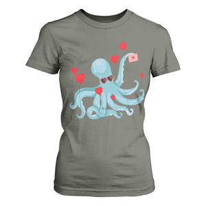 Valentine's Day T Shirt For Women Octopus With Heart Balloons Cute Love Letter TS09 Military Green Print Your Wear