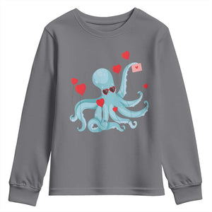 Valentine's Day Youth Sweatshirt Octopus With Heart Balloons Cute Love Letter TS09 Charcoal Print Your Wear