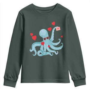 Valentine's Day Youth Sweatshirt Octopus With Heart Balloons Cute Love Letter TS09 Dark Forest Green Print Your Wear