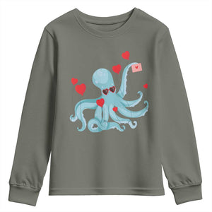 Valentine's Day Youth Sweatshirt Octopus With Heart Balloons Cute Love Letter TS09 Military Green Print Your Wear