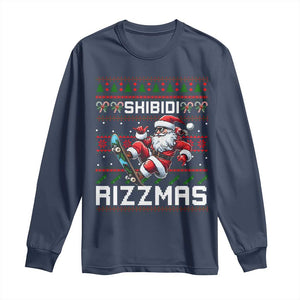 Funny Xmas Long Sleeve Shirt Skibidi Rizzmas Cool Santa Skateboard Rizz TS09 Navy Print Your Wear