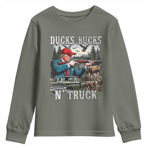 Trump Hunting Youth Sweatshirt Ducks Bucks N' Truck Hunter Country Life TS09 Military Green Print Your Wear