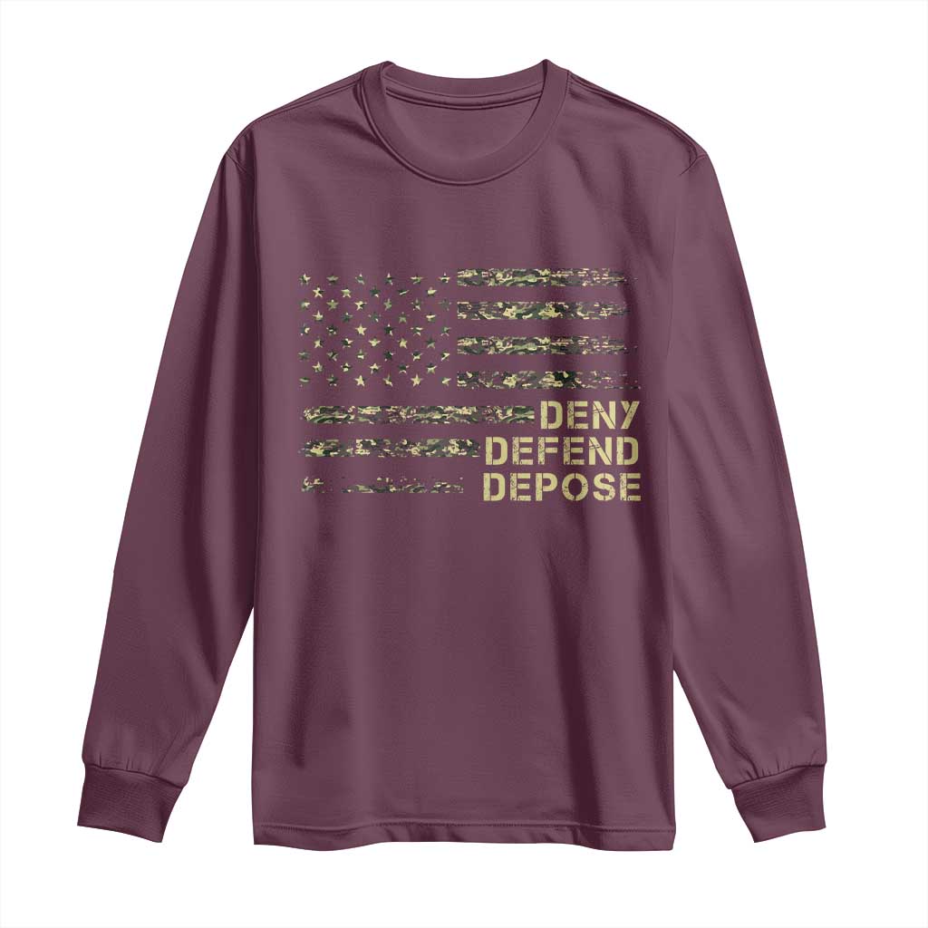 Deny Defend Depose Long Sleeve Shirt Camo American Flag TS09 Maroon Print Your Wear