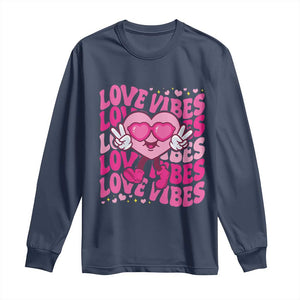 Valentine's Day Long Sleeve Shirt Retro Groovy Love Vibes Heart Eyes TS09 Navy Print Your Wear