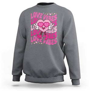 Valentine's Day Sweatshirt Retro Groovy Love Vibes Heart Eyes TS09 Charcoal Printyourwear