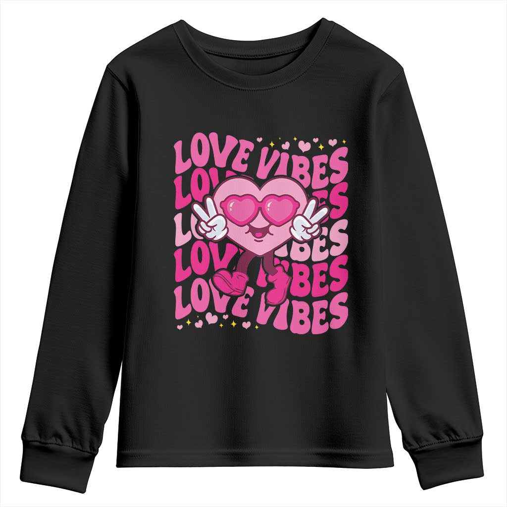 Valentine's Day Youth Sweatshirt Retro Groovy Love Vibes Heart Eyes TS09 Black Print Your Wear