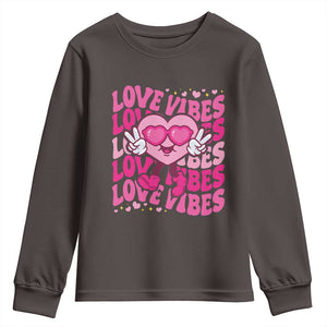 Valentine's Day Youth Sweatshirt Retro Groovy Love Vibes Heart Eyes TS09 Dark Chocolate Print Your Wear