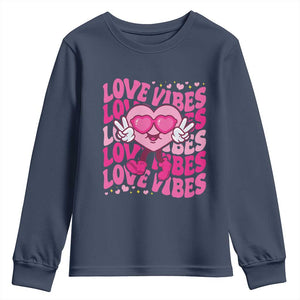 Valentine's Day Youth Sweatshirt Retro Groovy Love Vibes Heart Eyes TS09 Navy Print Your Wear