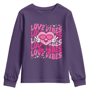 Valentine's Day Youth Sweatshirt Retro Groovy Love Vibes Heart Eyes TS09 Purple Print Your Wear