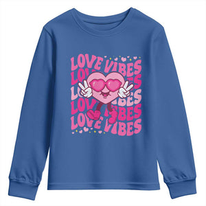 Valentine's Day Youth Sweatshirt Retro Groovy Love Vibes Heart Eyes TS09 Royal Blue Print Your Wear