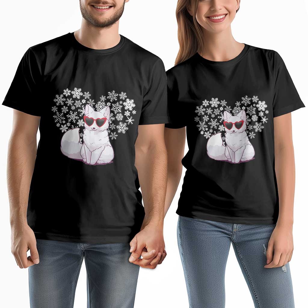 Valentine's Day Couple Matching T Shirt Arctic Snow Fox Heart Glasses Snowflake Animal Lover TS09 Black Print Your Wear