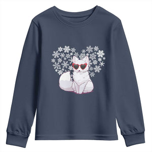 Valentine's Day Youth Sweatshirt Arctic Snow Fox Heart Glasses Snowflake Animal Lover TS09 Navy Print Your Wear