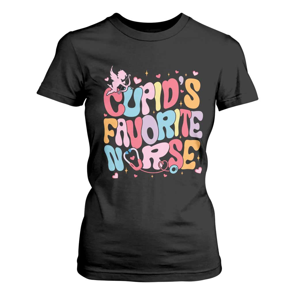 Valentine's Day T Shirt For Women Retro Groovy Cupids Favorite Nurse TS09 Black Print Your Wear