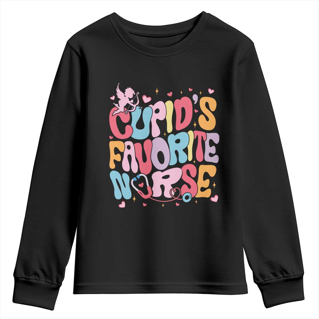 Valentine's Day Youth Sweatshirt Retro Groovy Cupids Favorite Nurse TS09 Black Print Your Wear