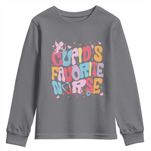 Valentine's Day Youth Sweatshirt Retro Groovy Cupids Favorite Nurse TS09 Charcoal Print Your Wear