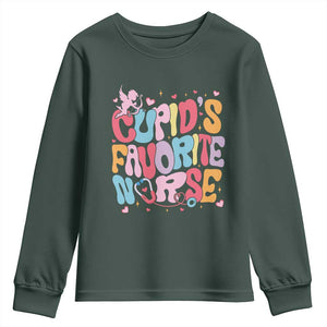 Valentine's Day Youth Sweatshirt Retro Groovy Cupids Favorite Nurse TS09 Dark Forest Green Print Your Wear