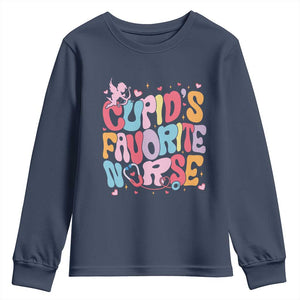 Valentine's Day Youth Sweatshirt Retro Groovy Cupids Favorite Nurse TS09 Navy Print Your Wear