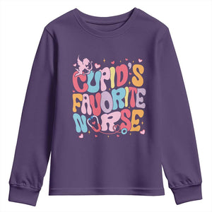 Valentine's Day Youth Sweatshirt Retro Groovy Cupids Favorite Nurse TS09 Purple Print Your Wear