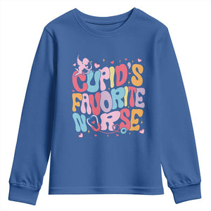 Valentine's Day Youth Sweatshirt Retro Groovy Cupids Favorite Nurse TS09 Royal Blue Print Your Wear