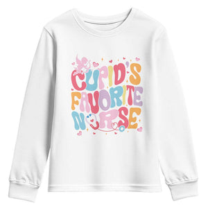 Valentine's Day Youth Sweatshirt Retro Groovy Cupids Favorite Nurse TS09 White Print Your Wear