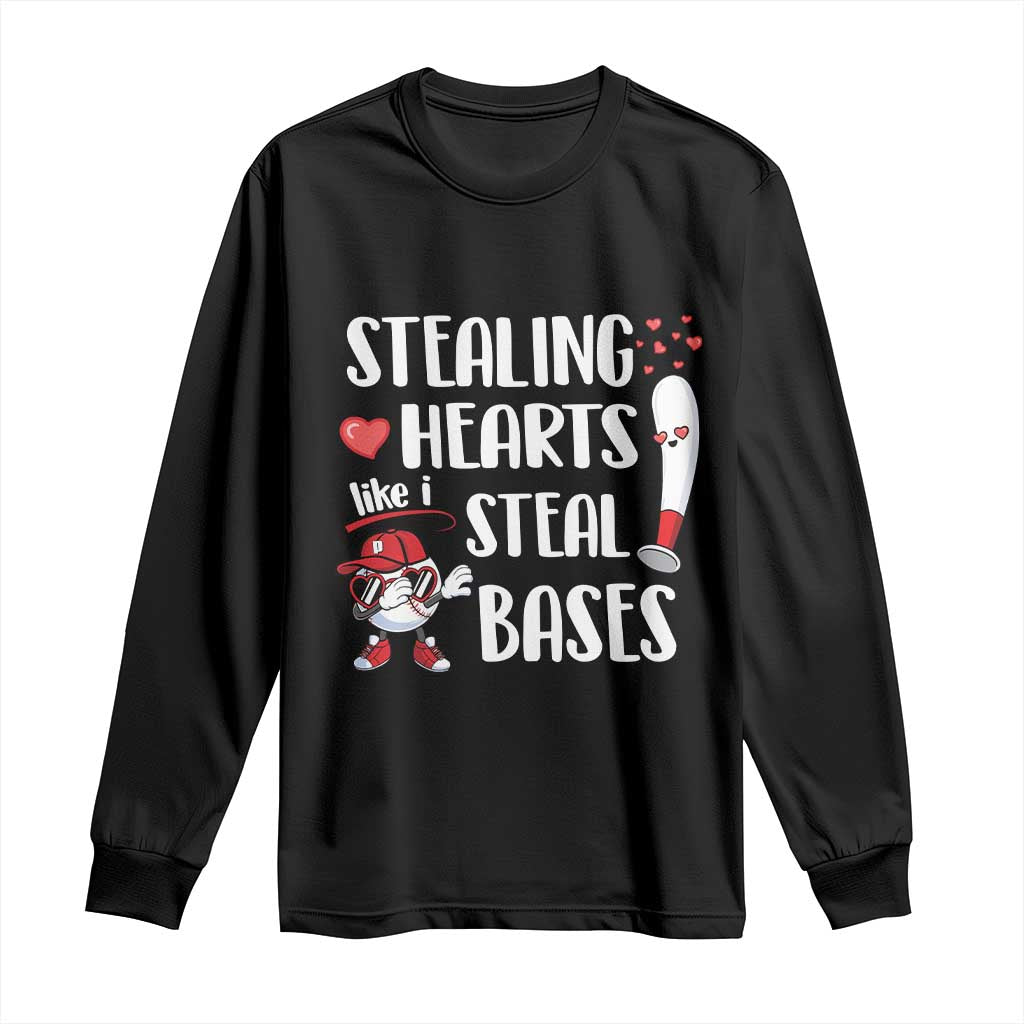 Valentine's Day Long Sleeve Shirt Stealing Hearts Like I Steal Bases Funny Baseball TS09 Black Print Your Wear