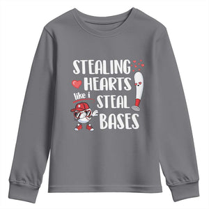 Valentine's Day Youth Sweatshirt Stealing Hearts Like I Steal Bases Funny Baseball TS09 Charcoal Print Your Wear