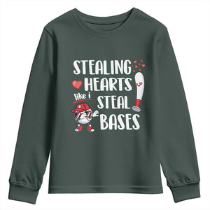 Valentine's Day Youth Sweatshirt Stealing Hearts Like I Steal Bases Funny Baseball TS09 Dark Forest Green Print Your Wear