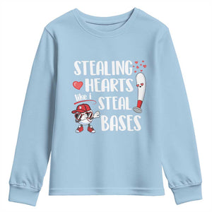 Valentine's Day Youth Sweatshirt Stealing Hearts Like I Steal Bases Funny Baseball TS09 Light Blue Print Your Wear