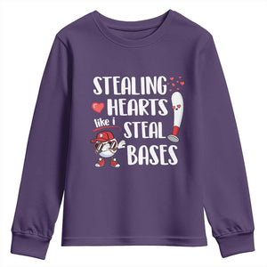 Valentine's Day Youth Sweatshirt Stealing Hearts Like I Steal Bases Funny Baseball TS09 Purple Print Your Wear