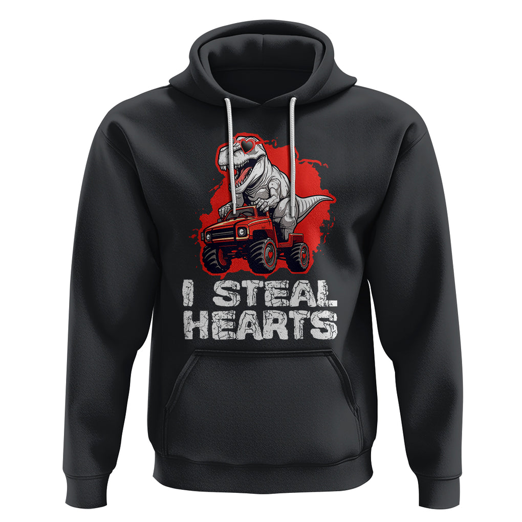 Valentine's Day Hoodie I Steal Hearts Cool Dinosaur Riding Monster Truck TS09 Black Printyourwear