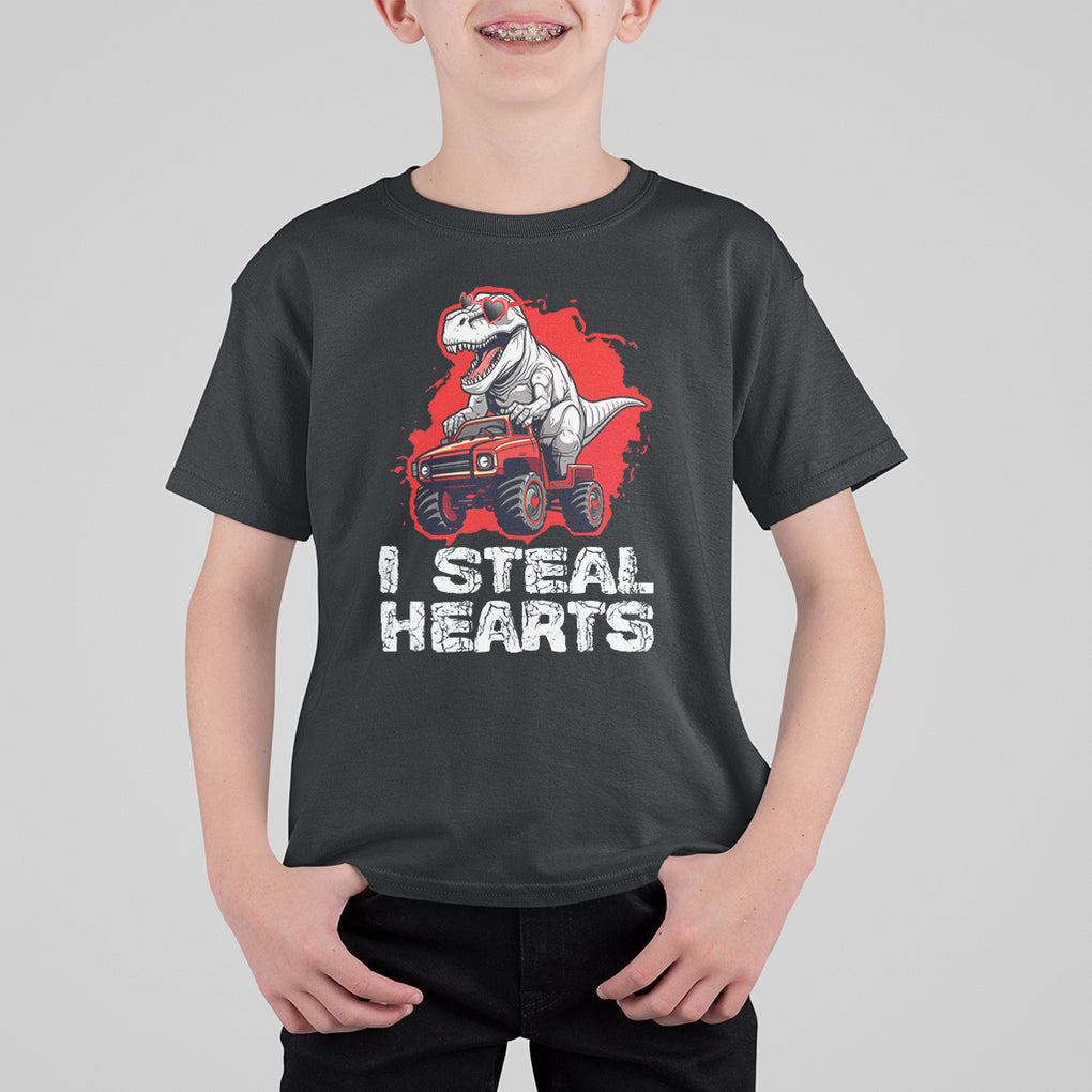 Valentine's Day T Shirt For Kid I Steal Hearts Cool Dinosaur Riding Monster Truck TS09 Black Printyourwear