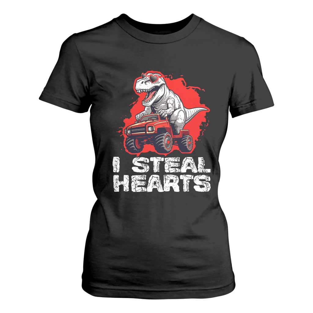 Valentine's Day T Shirt For Women I Steal Hearts Cool Dinosaur Riding Monster Truck TS09 Black Print Your Wear