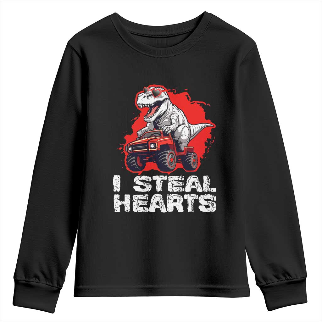 Valentine's Day Youth Sweatshirt I Steal Hearts Cool Dinosaur Riding Monster Truck TS09 Black Print Your Wear