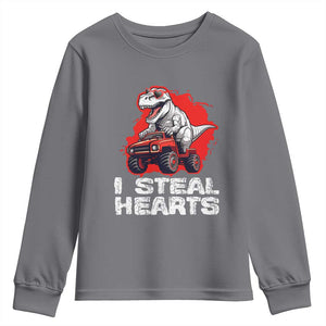 Valentine's Day Youth Sweatshirt I Steal Hearts Cool Dinosaur Riding Monster Truck TS09 Charcoal Print Your Wear