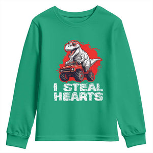 Valentine's Day Youth Sweatshirt I Steal Hearts Cool Dinosaur Riding Monster Truck TS09 Irish Green Print Your Wear